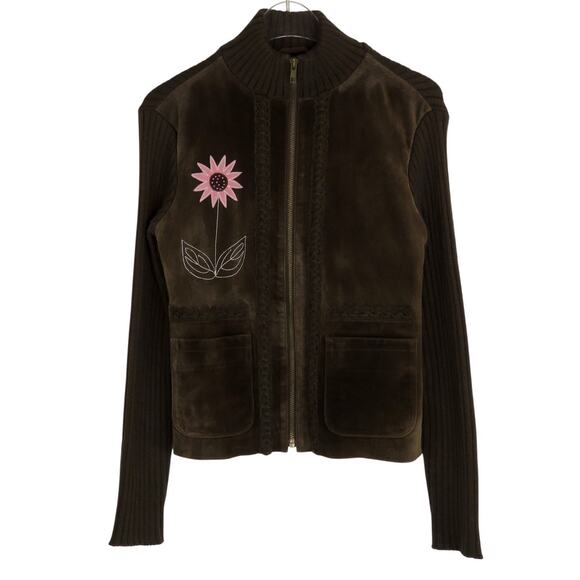 Paraphrase Y2K Brown Suede Jacket Pink Embroidered Flower Vintage Jacket Small - Picture 1 of 5